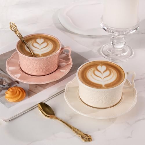 KAMMAK Tea Cups and Saucers Set of 2, 7oz Porcelain Coffee Cups with Saucers, Ceramic Espresso Mugs for Coffee, Latte, Americano, Tea, Elegant Teacup and Saucer (YFH1+2)