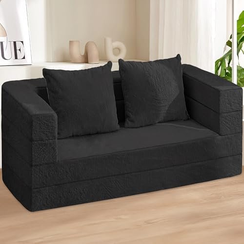 Futon Sofa Bed with Pillow, 3-in-1 Sleeper Sofa Bed with Removable Cover, Convertible Floor Sofa Bed, No Assembly Boneless Couch for Living Room, Bedroom