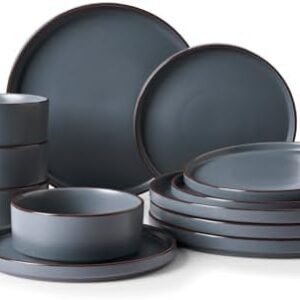 Famiware Nebula Ridge Stoneware Dinnerware Sets, Plates and Bowls Sets for 4, 12 Pieces Dishes Set, Microwave and Dishwasher Safe Kitchen Plates, Charcoal