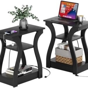 Black End Table Set of 2 with Charging Station, Side Table with USB Ports and Outlets, Black Nightstand, 3 Tier End Table with Storage Shelf for Living Room, Bedroom