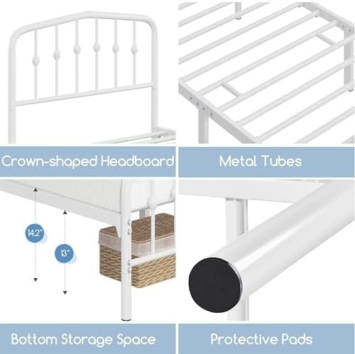 Yaheetech Metal Bed Frame Twin Size Metal Platform Bed Frame with Victorian Style Headboard/Footboard/Easy Assembly/No Box Spring Needed/White Smoke
