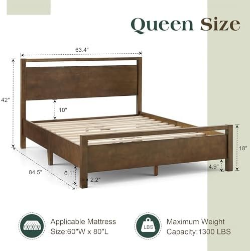 AMERLIFE Queen Size Solid Wood Bed Frame with Headboard, Minimalist Platform Bed with Wooden Slats Support/No Box Spring Needed/Easy Assembly/Noise-Free, Dark Brown