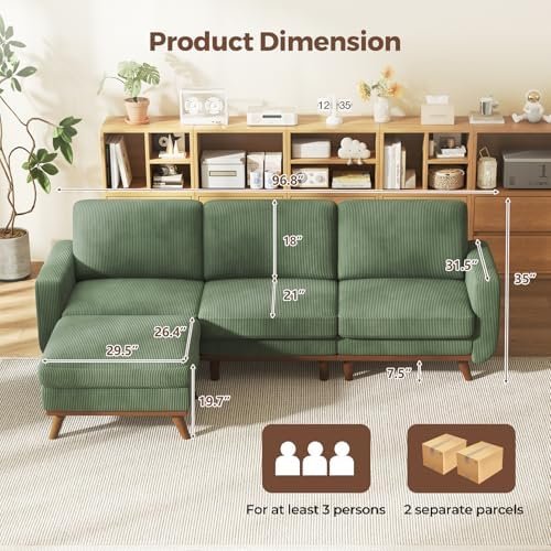 Vesgantti 97" L-Shape Modular Sofa, 3-Seat Corduroy Couch with Movable Ottoman, Sectional Sofa for Living Room, Green
