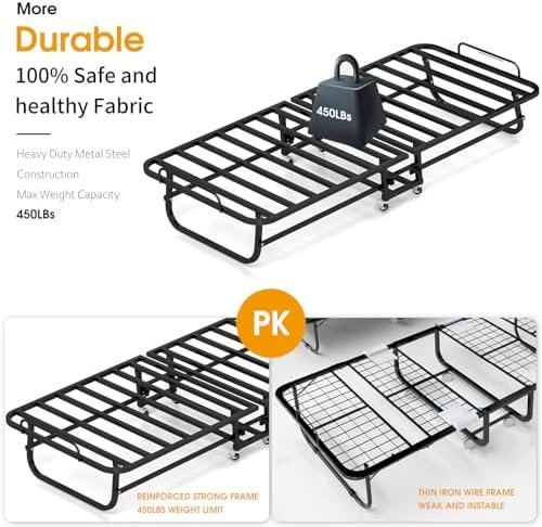 Folding Bed with Mattress, Portable Foldable Bed for Adults, Roll Away Guest on Wheels, Memory Foam Mattress and Metal Frame, Space Saving Fold Up for Easy Storage