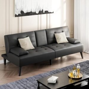 Futon Sofa Bed,Leather Foldable Couch,Reclining Sleeper with Removable Armrests,Upholstered Loveseat Sofa Couch with Folding Cup Holders for Home,Black