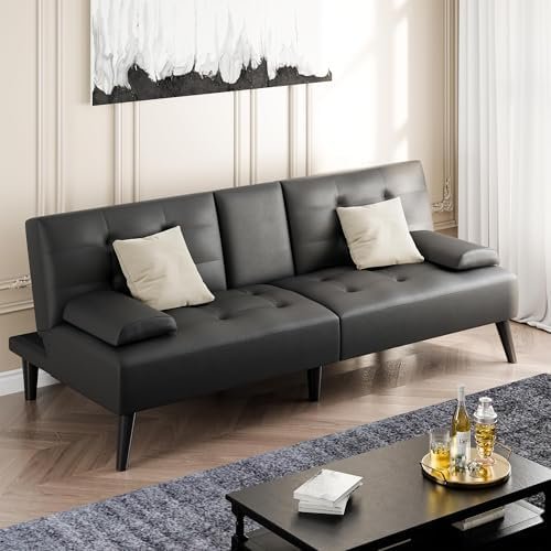 Futon Sofa Bed,Leather Foldable Couch,Reclining Sleeper with Removable Armrests,Upholstered Loveseat Sofa Couch with Folding Cup Holders for Home,Black