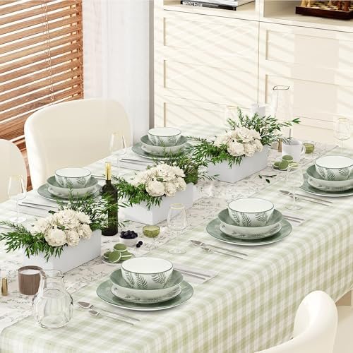 Porcelain Dinnerware Sets for 4, 16 Pieces Sage Green White Floral Plates and Bowls Set, Spring Summer Leaves Dishes Set, Microwave and Dishwasher Safe Ceramic Dinner Set with Pasta Bowls