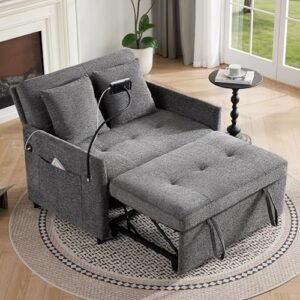 Sleeper Loveseat with USB and Type-C Ports, 3 in 1 Convertible Sofa Bed with Phone Holder, Pull Out Sofa Bed, Loveseat Sleeper Sofa for Living Room, Adjustable Backrest, Side Pockets, Dark Grey
