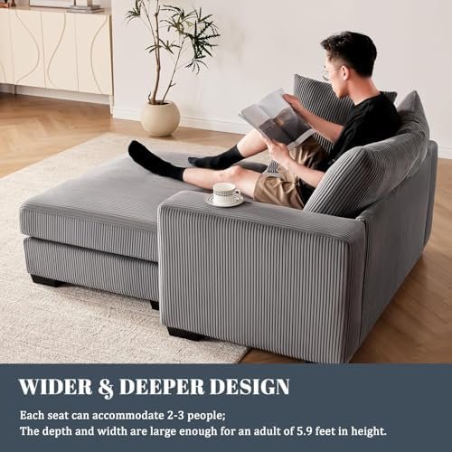 58.3" Oversized Chaise Lounge Indoor for Living Room, Solid Wood Comfy Sleeper Reclining Chair with Thickened Cushions Widened Armrests for Bedroom, Deep Seat Lounge Chair with Ottoman, Grey