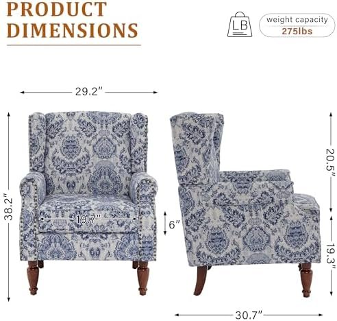Wingback Accent Chairs Set of 2, High Back Upholstered Armchair for Living Room, Printed Fabric Wingback Arms Chairs with Wood Legs, Single Sofa Reading Chair for Bedroom Office, Navy