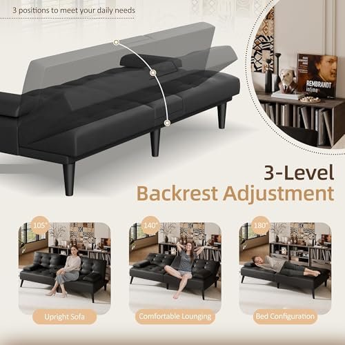 Futon Sofa Bed,Leather Foldable Couch,Reclining Sleeper with Removable Armrests,Upholstered Loveseat Sofa Couch with Folding Cup Holders for Home,Black
