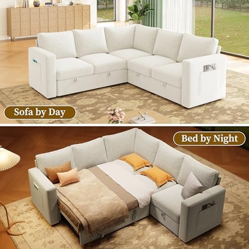 83.5" Sectional Sleeper Sofa with Pull Out Couch, Modern 5 Seat L Shaped Modular Couch, Sectionals Modular Sofa with Storage, Comfy Sectional Couches for Living Room & Apartment, Light Beige