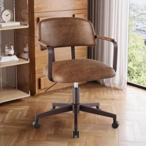 Home Office Desk Chair, Mid-Century Modern Desk Chair with Padded Arms, Adjustable Seat Height, Mid Back 360° Small Computer Chair with Mobile Mute Wheel, PU Leather (Brown)