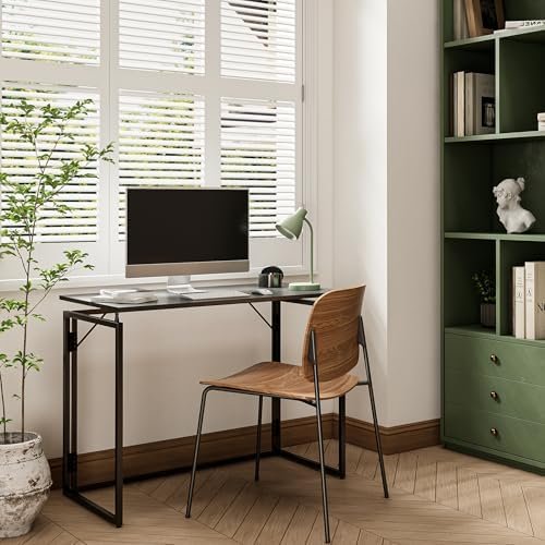 Folding Desk - 39.4” Wood Top Foldable Desk for Small Spaces | No Assembly Required Compact Desk for Home Office, Writing, and Study