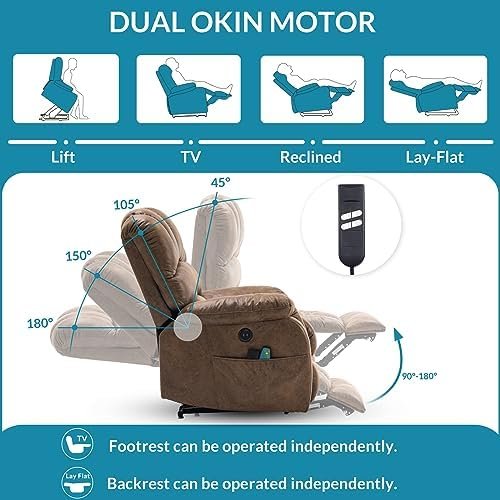 Large Dual Motor Power Lift Recliner Chair Lay Flat Sleeper Chair with Heat and Massage, 2 Remote Controls, 2 USB Ports & 2 Side Pockets (Brown)