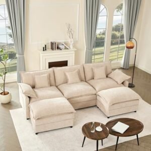 108" U Shaped Couch, Modular Sectional Sofa, 3-Seater Comfy Cloud Couch, Set of Modular Pieces with Movable Ottoman, Deep Seat Couches for Living Room, Chenille, Flat White