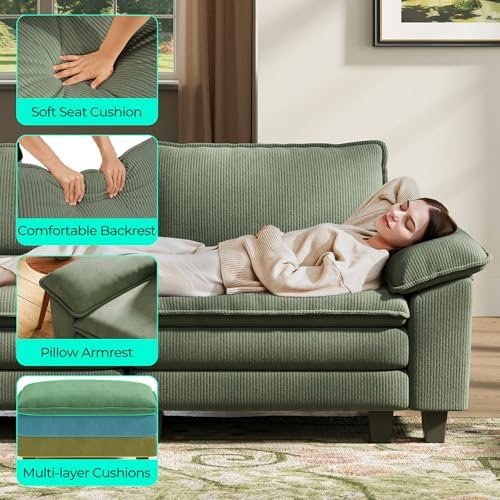 LINSY HOME 123'' Modular Sectional Sofa Green Couch Corduroy Cloud Couches for Living Room, L Shaped Couch with Movable Ottoman, Modern Cloud Sectional Sofas for Bedroom and Apartment, Green