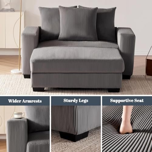 58.3" Oversized Chaise Lounge Indoor for Living Room, Solid Wood Comfy Sleeper Reclining Chair with Thickened Cushions Widened Armrests for Bedroom, Deep Seat Lounge Chair with Ottoman, Grey