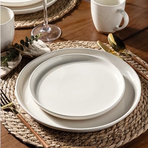 AmorArc Ceramic Dinnerware Sets for 8, 24 Pieces Handpainted Plates and Bowls Set with Rustic Terracotta Underside, Scratch Resistant Stoneware Dishes Set, Dishwasher & Microwave Safe, Light Beige