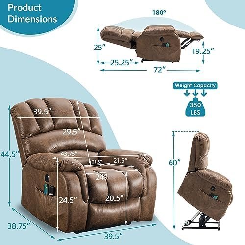 Large Dual Motor Power Lift Recliner Chair Lay Flat Sleeper Chair with Heat and Massage, 2 Remote Controls, 2 USB Ports & 2 Side Pockets (Brown)