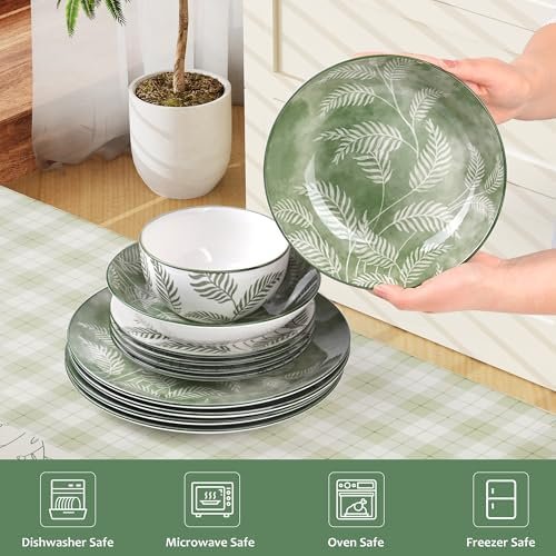 Porcelain Dinnerware Sets for 4, 16 Pieces Sage Green White Floral Plates and Bowls Set, Spring Summer Leaves Dishes Set, Microwave and Dishwasher Safe Ceramic Dinner Set with Pasta Bowls