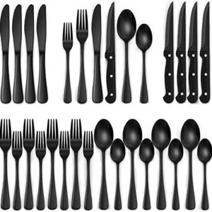 EWFEN 24-Piece Black Silverware Set with Steak Knives, Black Flatware Set for 4, Food-Grade Stainless Steel Tableware Cutlery Set, Mirror Finished Utensil Sets for Home Restaurant, Round Edge