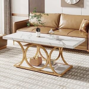 Tribesigns 46.45” Rectangle Coffee Table, Modern Coffee Tables for Living Room, 2-Tier Faux Marble Wood Coffee Table with Geometric Legs, Furniture with Storage Shelf (White & Gold)