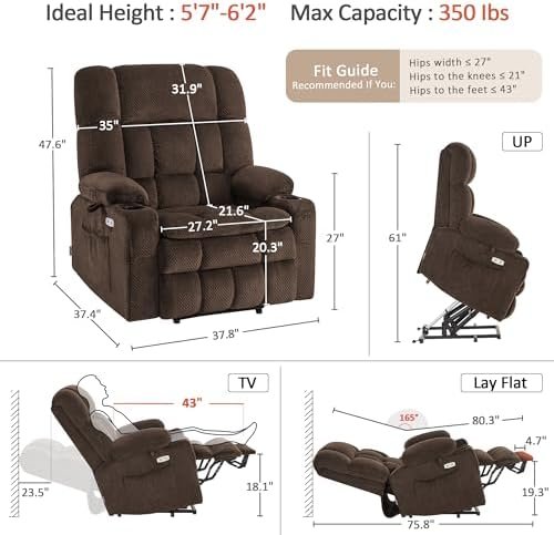 MCombo Oversized Power Lift Recliner Chair for Elderly, Dual Motor Lift Chair with Heat and Massage, Lay Flat Lift Chair for Big and Tall, Cup Holders, Fabric R7891 (Oversize, Mocha)