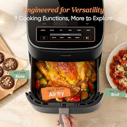 Cosori 9-in-1 TurboBlaze Air Fryer 6 Qt, Premium Ceramic Coating, 90°–450°F, Precise Heating for Even Results, Air Fry, Roast, Bake, Broil, Dry, Frozen, Proof, Reheat, Keep Warm, 120V, Dark Gray