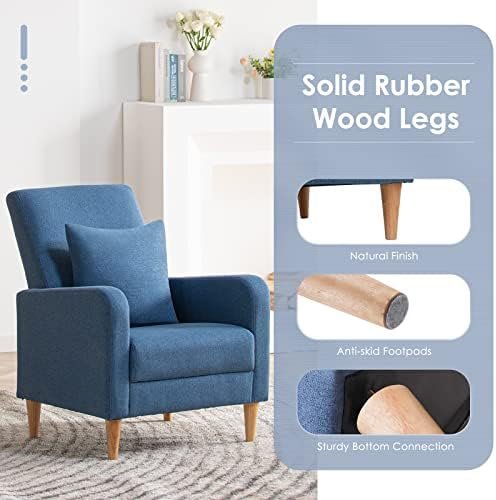 COLAMY Modern Upholstered Accent Chair Armchair with Pillow, Fabric Reading Living Room Side Chair,Single Sofa with Lounge Seat and Wood Legs, Blue
