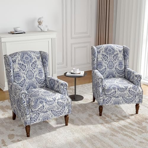 Wingback Accent Chairs Set of 2, High Back Upholstered Armchair for Living Room, Printed Fabric Wingback Arms Chairs with Wood Legs, Single Sofa Reading Chair for Bedroom Office, Navy