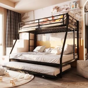 SUNLEI Metal Loft Bed with 2 Secured Ladders, Bunk Bed Twin Over Full with Trundle, Trundle Beds Twin Safety Guard, for Small Bedroom Noise Free (Twin Over Full, Metta Classic Black)