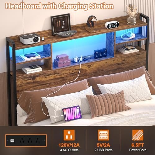 Aheaplus Headboard for Twin Size Bed with Storage, Headboards with LED Light, Power Outlets, USB Ports Twin Size Head Board, Wood headboard Only Sturdy and Stable Headboards, Rustic Brown