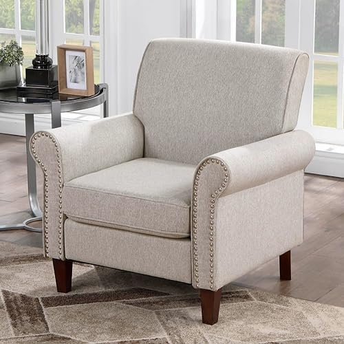 Prilinex Upholstered Living Room Chair Set of 2 - Large Comfy Fabric Accent Chair Single Sofa with Cushion, Rolled Armrest & Nailhead Trim, Mid Century Farmhouse Armchair for Bedroom, Office, Beige