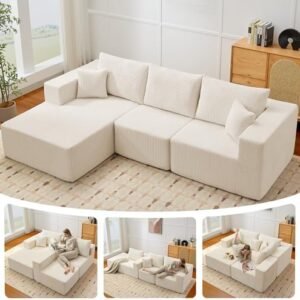 Modular Sectional Sofa for Living Room, 108" Cloud Couch Sectional with L-Shape Chaise, Modern Upholstered Corduroy Boneless Couch with Memory Foam Deep Seat, No Assembly Required (Beige)