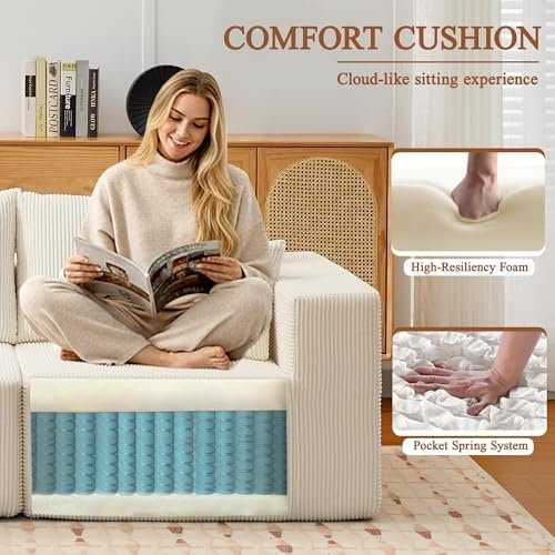 Modular Sectional Sofa for Living Room, 108" Cloud Couch Sectional with L-Shape Chaise, Modern Upholstered Corduroy Boneless Couch with Memory Foam Deep Seat, No Assembly Required (Beige)