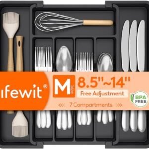 Lifewit Expandable Silverware Organizer, Plastic Utensil Tray for Kitchen Drawer, BPA Free Flatware Cutlery Holder, Space-Saving Storage for Spoons Forks Knives, 8.5-14 x 12 x 1.5 inch, Black