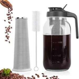 Cold Brew Coffee Maker,64 oz Mason Jar Pitcher with Stainless Steel Filter, Pour Spout Handle Lid, Heavy Duty Glass Airtight & Leak-Proof for Iced Coffee,Tea & Lemonade