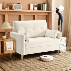 Urhanherry 47" Small Sofa Couch, Soft Chenille loveseat Mini Couch with Throw Pillow and Removable Cushion Cover for Small Spaces, Bedroom, Apartment, Dorm, Office, Living Room(Beige)