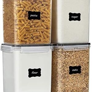 Vtopmart 4 PCS Large Food Storage Containers 5.2L / 175oz, 4 Pieces BPA Free Plastic Airtight Canisters for Flour, Sugar, Baking Supplies, Rice with Lids, 4 Measuring Cups and 24 Labels, Black