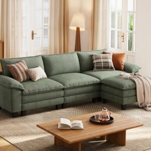 LINSY HOME 123'' Modular Sectional Sofa Green Couch Corduroy Cloud Couches for Living Room, L Shaped Couch with Movable Ottoman, Modern Cloud Sectional Sofas for Bedroom and Apartment, Green
