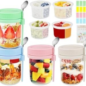 Overnight Oats Containers with Lids and Spoons - 4 Pack 16 oz Glass Mason Jars with Separate Compartments Airtight Overnight Oat Jars Leakproof Yogurt Parfait Cup for Oatmeal Chia Pudding Cereal Salad