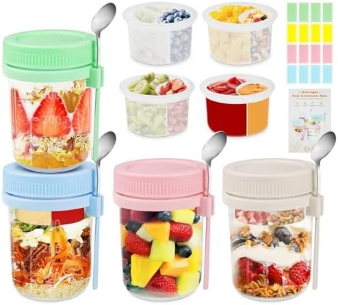 Overnight Oats Containers with Lids and Spoons - 4 Pack 16 oz Glass Mason Jars with Separate Compartments Airtight Overnight Oat Jars Leakproof Yogurt Parfait Cup for Oatmeal Chia Pudding Cereal Salad