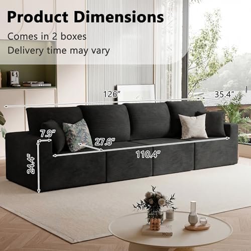 Homall Sectional Couches for Living Room, Modern Boneless Couch with Deep Seat, Upholstered Cloud Sofa, No Assembly Required (Black, Four-Seater Sofa)