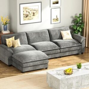 Homall 119" Modular Sectional Sofa, L Shaped Sofa Couch with Reversible Ottoman, DIY Combination Chenille Deep 3-Seat Cloud Couch for Living Room, Apartment (Light Grey, L Shaped Sofa)