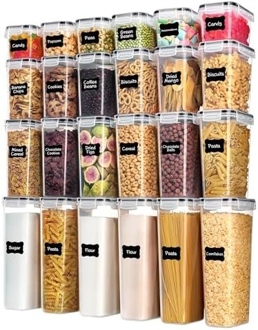 Airtight Food Storage Containers with Lids, Vtopmart 24 pcs Plastic Kitchen and Pantry Organization Canisters for Cereal, Dry Food, Flour and Sugar, BPA Free, Includes 24 Labels,Black