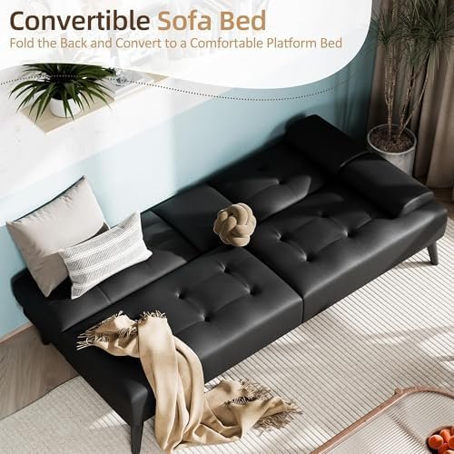 Futon Sofa Bed,Leather Foldable Couch,Reclining Sleeper with Removable Armrests,Upholstered Loveseat Sofa Couch with Folding Cup Holders for Home,Black