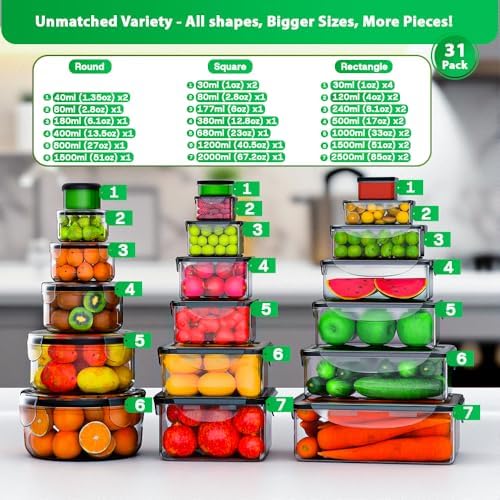 62 Pcs Large Food Storage Containers with Lids Airtight,Total 656OZ(31 Containers &31 Lids), Reusable BPA-Free Plastic Food Container for Kitchen Organization, Leakproof Meal-Prep Containers for Lunch