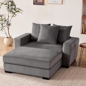 58.3" Oversized Chaise Lounge Indoor for Living Room, Solid Wood Comfy Sleeper Reclining Chair with Thickened Cushions Widened Armrests for Bedroom, Deep Seat Lounge Chair with Ottoman, Grey