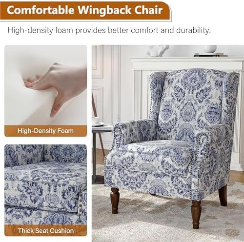 Wingback Accent Chairs Set of 2, High Back Upholstered Armchair for Living Room, Printed Fabric Wingback Arms Chairs with Wood Legs, Single Sofa Reading Chair for Bedroom Office, Navy